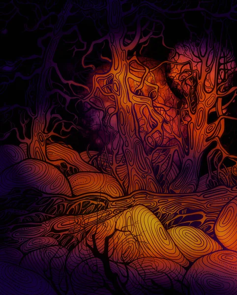 Enchanted Forest Lunary Night Digital Lines Hand Drawn Picture Watercolour — Stock Photo, Image