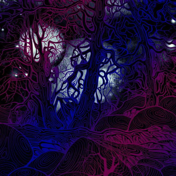 Floresta Encantada Noite Lunar Linhas Digitais Imagem Desenhada Mão Com — Fotografia de Stock