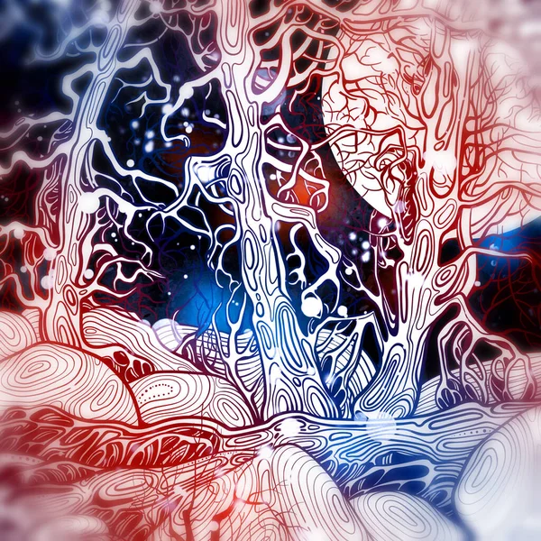 Foresta Incantata Nella Notte Lunare Linee Digitali Disegno Disegnato Mano — Foto Stock