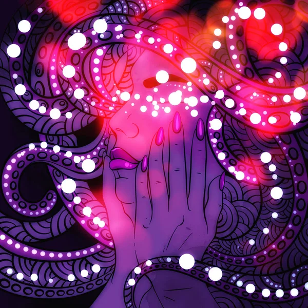 Cyberpunk Goddess Woman Mechanical Octopus Inglés Cuadro Digital Dibujado Mano —  Fotos de Stock