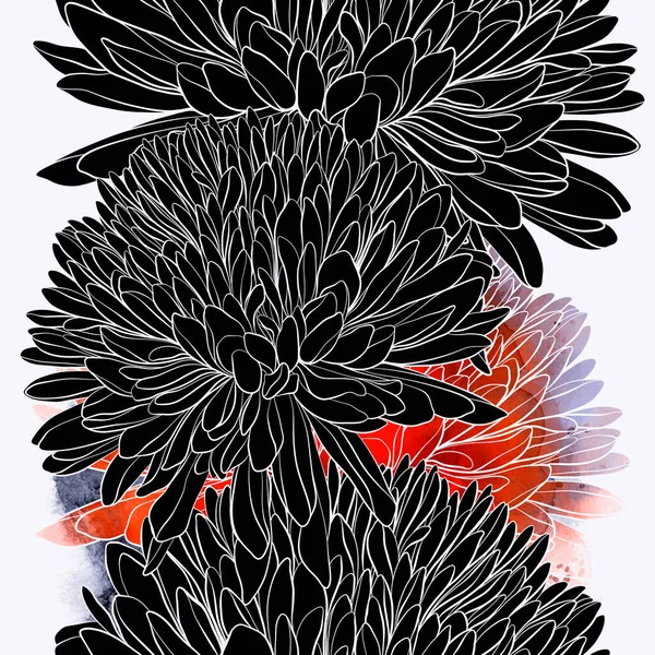 Crisântemo Japonês Flores Padrão Sem Costura Linhas Digitais Imagem Desenhada — Fotografia de Stock