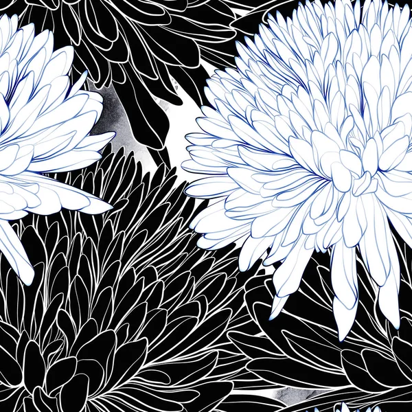 Chrysanthème Japonais Fleurs Motif Sans Couture Lignes Numériques Dessin Main — Photo