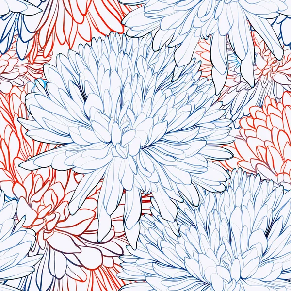 菊はシームレスな模様を咲かせます デジタルラインは水彩テクスチャで絵を手描き 混合メディアアートワーク テキスタイル装飾と自然デザインのための無限のモチーフ — ストック写真
