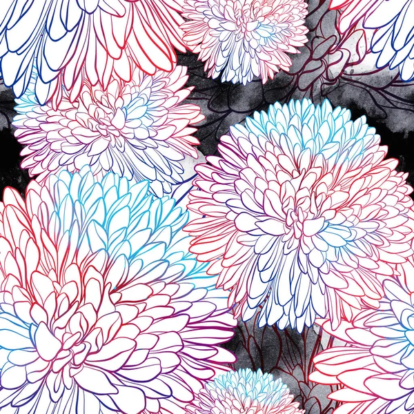 Flores Crisantemo Japonés Patrón Sin Costuras Cuadro Dibujado Mano Líneas —  Fotos de Stock