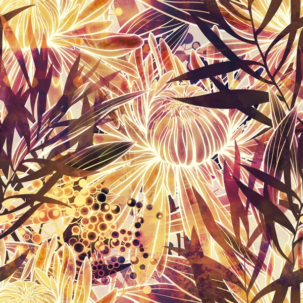 熱帯の葉や花のシームレスなパターン デジタルラインは水彩テクスチャで絵を手描き 混合メディアアートワーク テキスタイル装飾と自然デザインのための無限のモチーフ — ストック写真