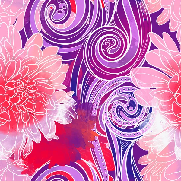 Chrysanthemum Fiori Modello Senza Soluzione Continuità Linee Digitali Disegno Disegnato — Foto Stock