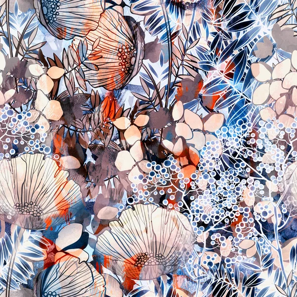 야생의 빈티지의 솔기없는 무늬에 영향을 미친다 디지털 그림에 수채화 물보라가 — 스톡 사진