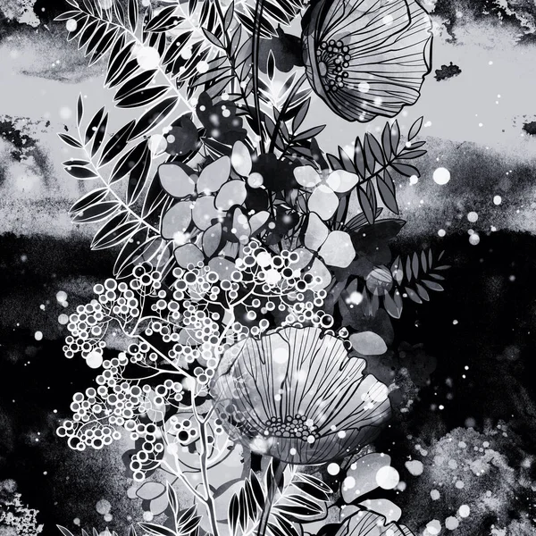 Yabani Çiçekleri Damgalar Klasik Dikişsiz Desenler Bırakır Suluboya Desenli Benekli — Stok fotoğraf