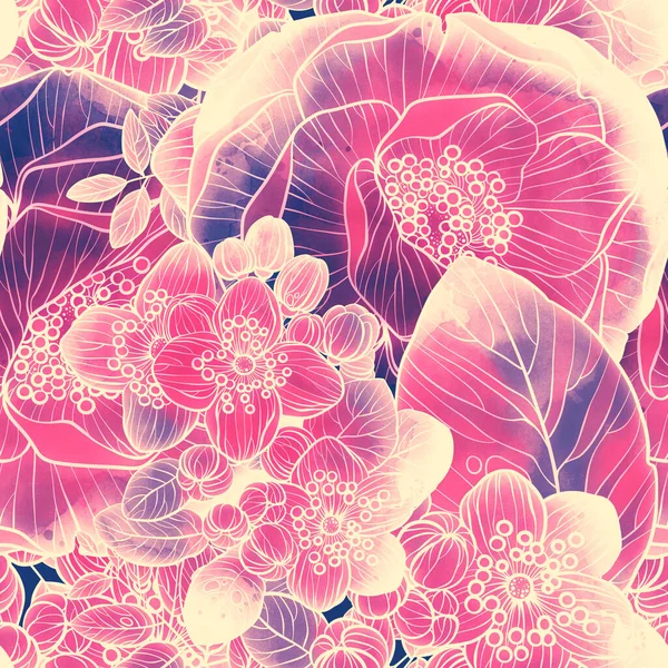 Imprime Flores Primavera Padrão Sem Costura Linhas Digitais Imagem Desenhada — Fotografia de Stock
