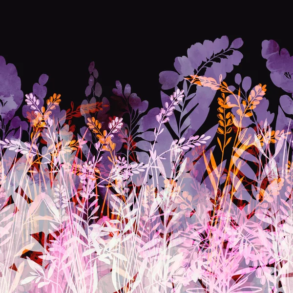 Çiçekler Bitkiler Siluetler Kusursuz Sınırlar Dijital Çizgiler Suluboya Desenli Çizimi — Stok fotoğraf