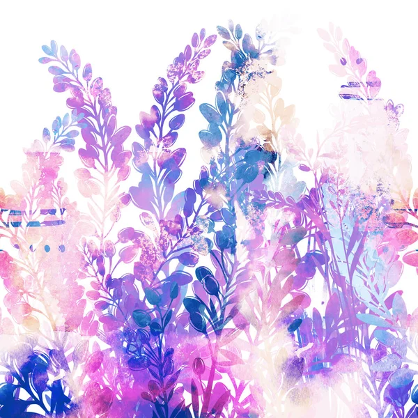 花和普罗旺斯草本轮廓无缝边界 数字线条手绘水彩画 混合媒体艺术品 纺织装饰和自然设计的无限主题 — 图库照片