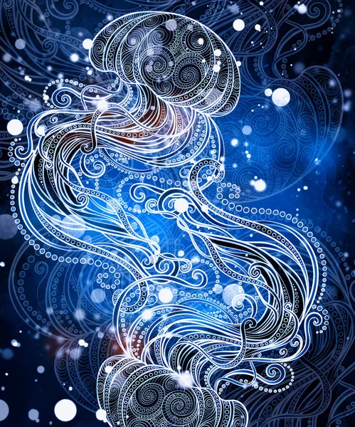 Magnifiques Méduses Décoratives Technique Ornementale Art Linéaire Vagues Boucles Image — Photo