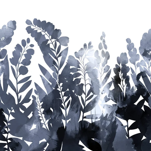 Цветы Прованс Травы Силуэты Бесшовные Границы Цифровые Линии Нарисованные Вручную — стоковое фото