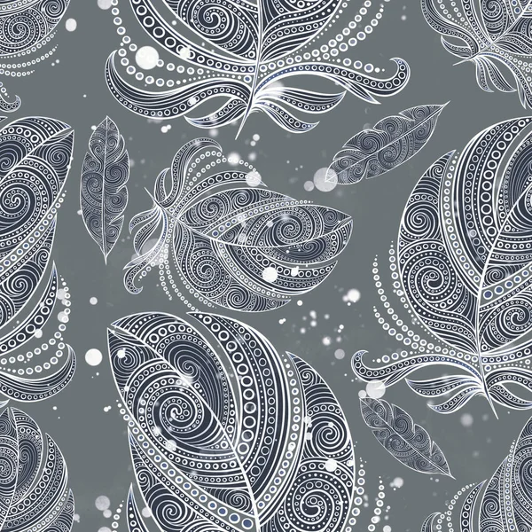 Boho Magic Ornamental Feathers Seamless Pattern Digital Lines Hand Drawn — Stock Photo, Image