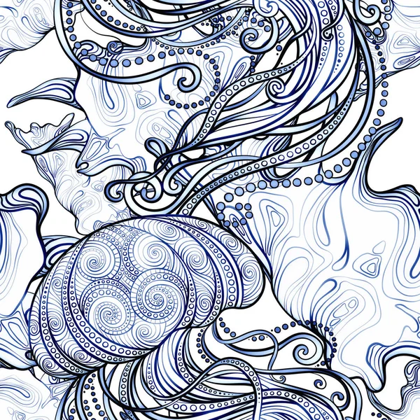 Ornamental Seashells Jellyfish Seamless Pattern Digital Lines Hand Drawn Picture — Stock Photo, Image