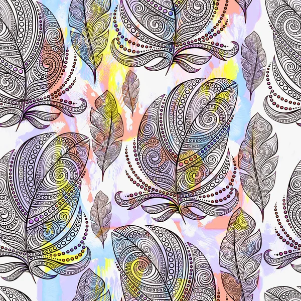 Boho Μαγεία Διακοσμητικά Φτερά Αδιάλειπτη Μοτίβο Ψηφιακές Γραμμές Ζωγραφισμένες Στο — Φωτογραφία Αρχείου