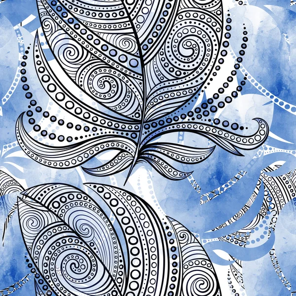 Boho Magic Ornamental Feathers Seamless Pattern Digital Lines Hand Drawn — Stock Photo, Image