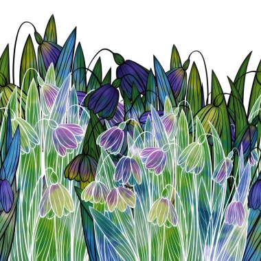 İlkbahar çiçekleri ve şifalı otlar. Siluetler pürüzsüz sınır. Dijital çizgiler, suluboya desenli el çizimi resim. Karışık medya işleri. Tekstil dekoru ve doğal tasarım için sonsuz motif.