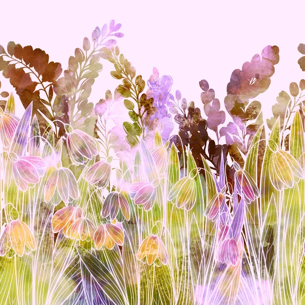 First spring flowers and herbs silhouettes seamless border. Digital lines hand drawn picture with watercolour texture. Mixed media artwork. Endless motif for textile decor and natural design.