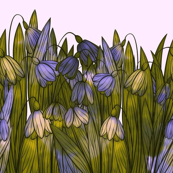 Primeiras Flores Primavera Silhuetas Ervas Borda Sem Costura Linhas Digitais — Fotografia de Stock