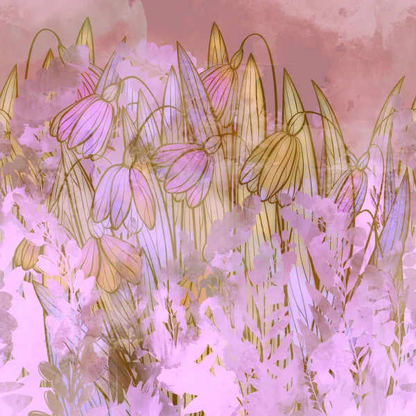 Перші Весняні Квіти Трав Яні Силуети Безшовні Кордони Цифрові Лінії — стокове фото