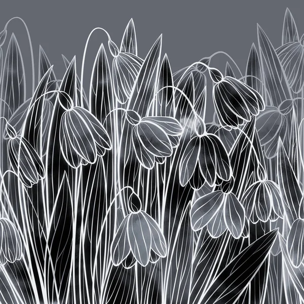 Första Våren Blommor Och Örter Silhuetter Sömlös Gräns Digital Linjer — Stockfoto
