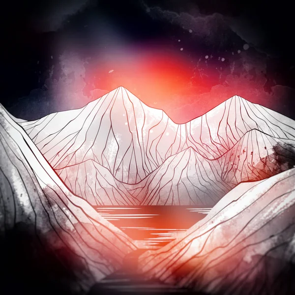 Mountains River Clouds Digital Lines Hand Drawn Picture Watercolour Texture — Stockfoto