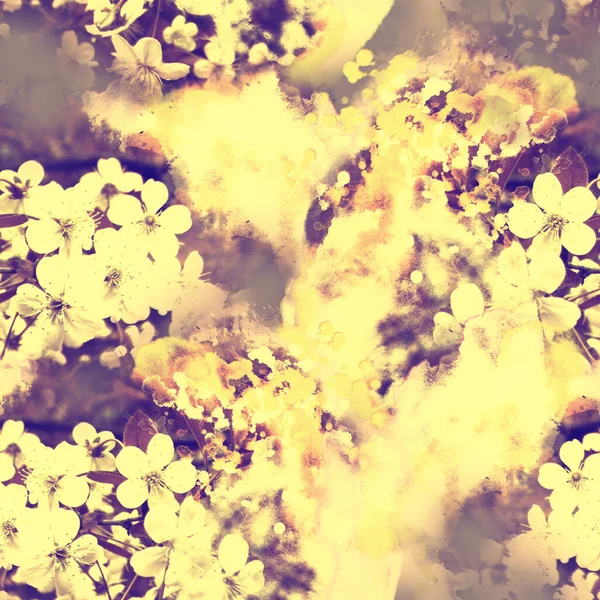 Blühende Kirsche Sakura Fotocollage Und Aquarell Textur Nahtloses Muster Mixed — Stockfoto