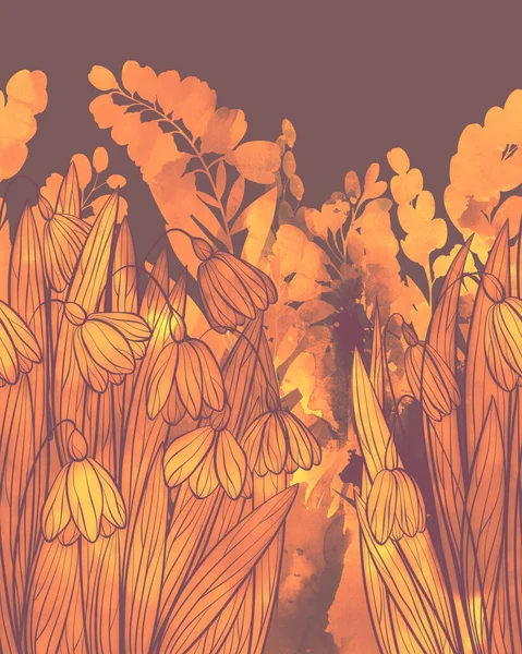 Весняні Квіти Трави Силуети Нічний Старовинний Безшовний Кордон Цифрові Лінії — стокове фото