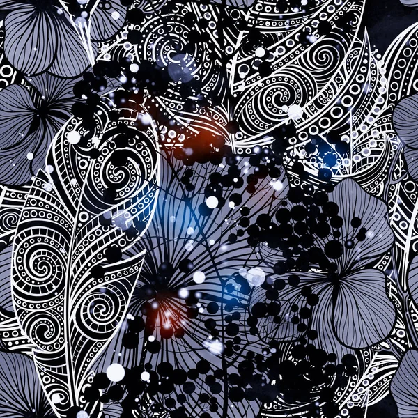 Boho Magic Ornamental Feathers Flowers Seamless Pattern Digital Lines Hand — Zdjęcie stockowe