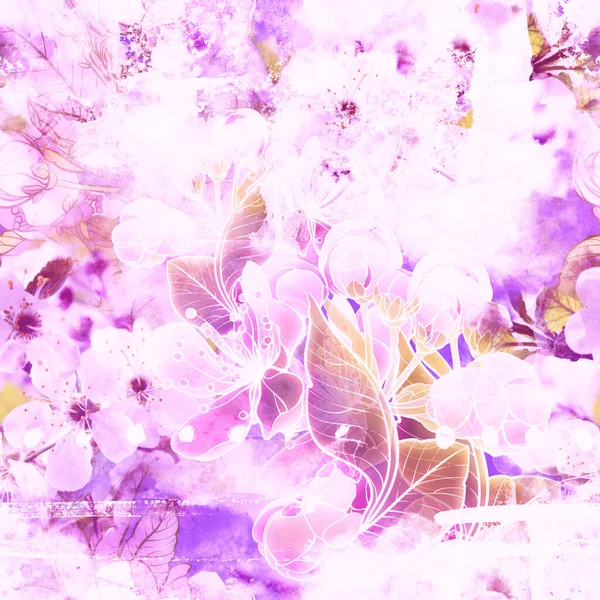 Blühende Kirsche Sakura Foto Und Digitalblumen Und Aquarell Textur Nahtloses — Stockfoto