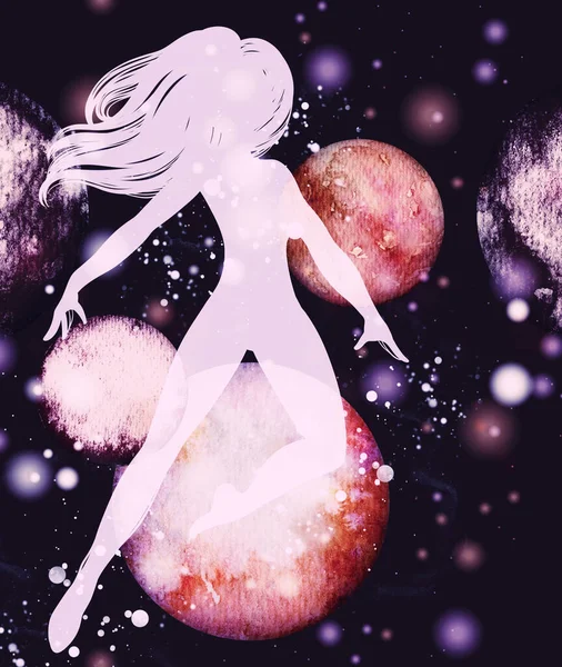 Dance alone in the universe. A young naked girl with long hair is dancing with stars and galaxies. Digital hand drawn picture with watercolour texture. Mixed media artwork.