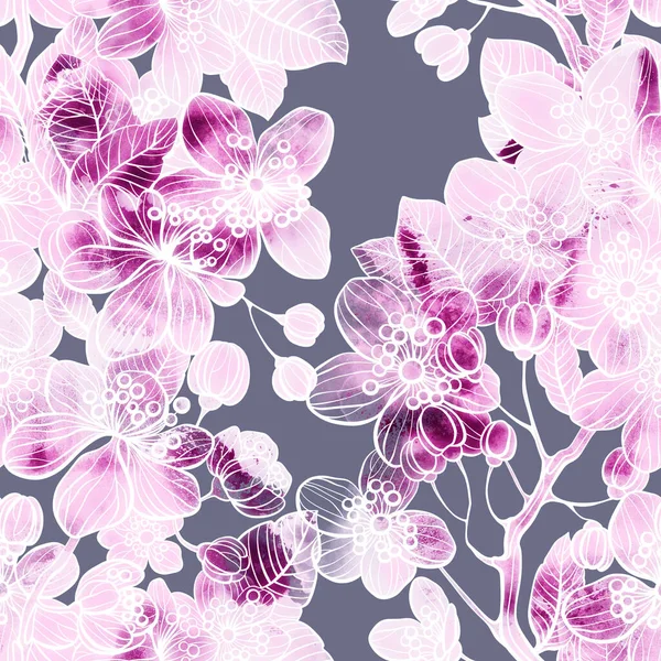 Imprints Blooming Wild Cherry Sakura Seamless Pattern Digital Lines Hand — Stock Photo, Image