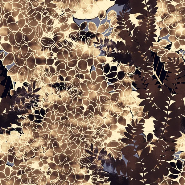 野生の花を刻印し 葉はシームレスなパターンを繰り返します 水彩の質感 スポットやスプラッシュとデジタル手描きの画像 混合メディアアートワーク テキスタイル 植物のデザインのための無限のモチーフ — ストック写真