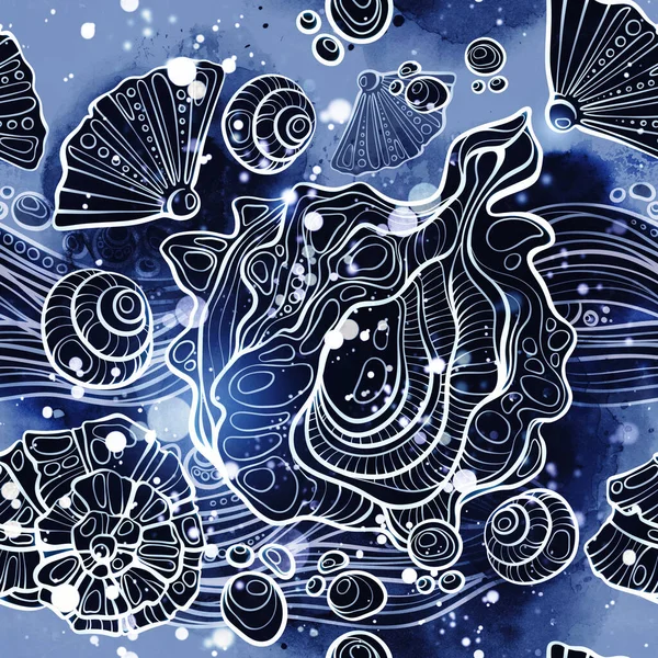 Süslü Deniz Kabukları Dikişsiz Desen Dijital Çizgiler Suluboya Desenli Çizimi — Stok fotoğraf