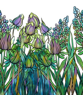 Çayır çiçekleri kusursuz bir sınır. Suluboya desenli, benekli ve sıçrayan dijital el çizimi. Karışık medya işleri. Tekstil dekoru ve botanik tasarım için sonsuz motif
