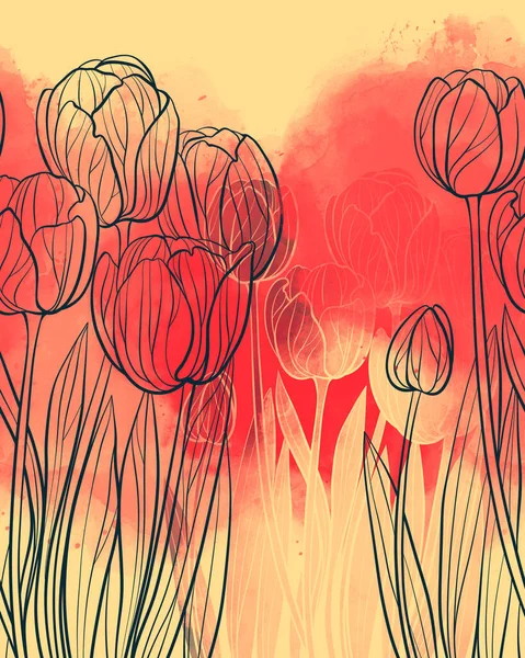 Frühling Tulpen Nahtlose Grenze Digitales Handgezeichnetes Bild Mit Aquarellierter Textur — Stockfoto