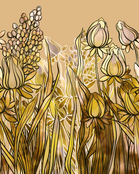 Flores Pradera Borde Sin Costuras Cuadro Digital Dibujado Mano Con —  Fotos de Stock