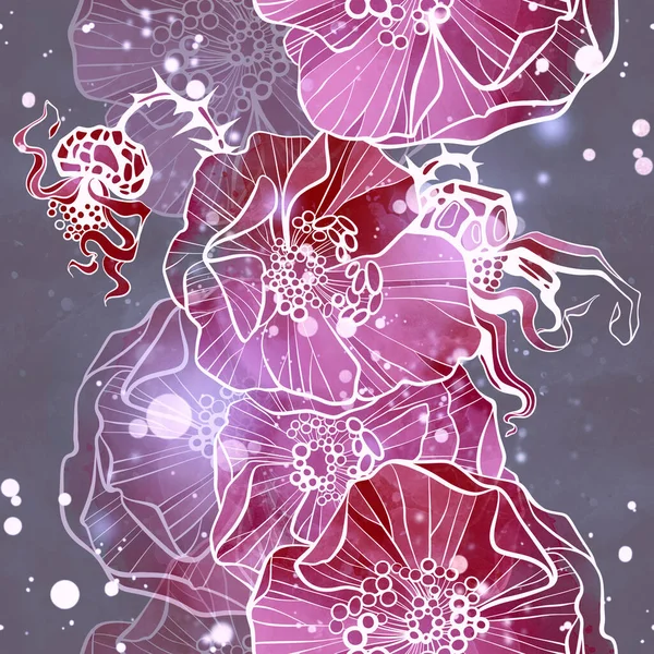 蔷薇干浆果 荆棘和花朵混合在一起 重复无缝图案 具有水彩纹理 斑点和水花的数字手绘图片 混合媒体艺术品 纺织品装饰的无限主题 植物学设计 — 图库照片