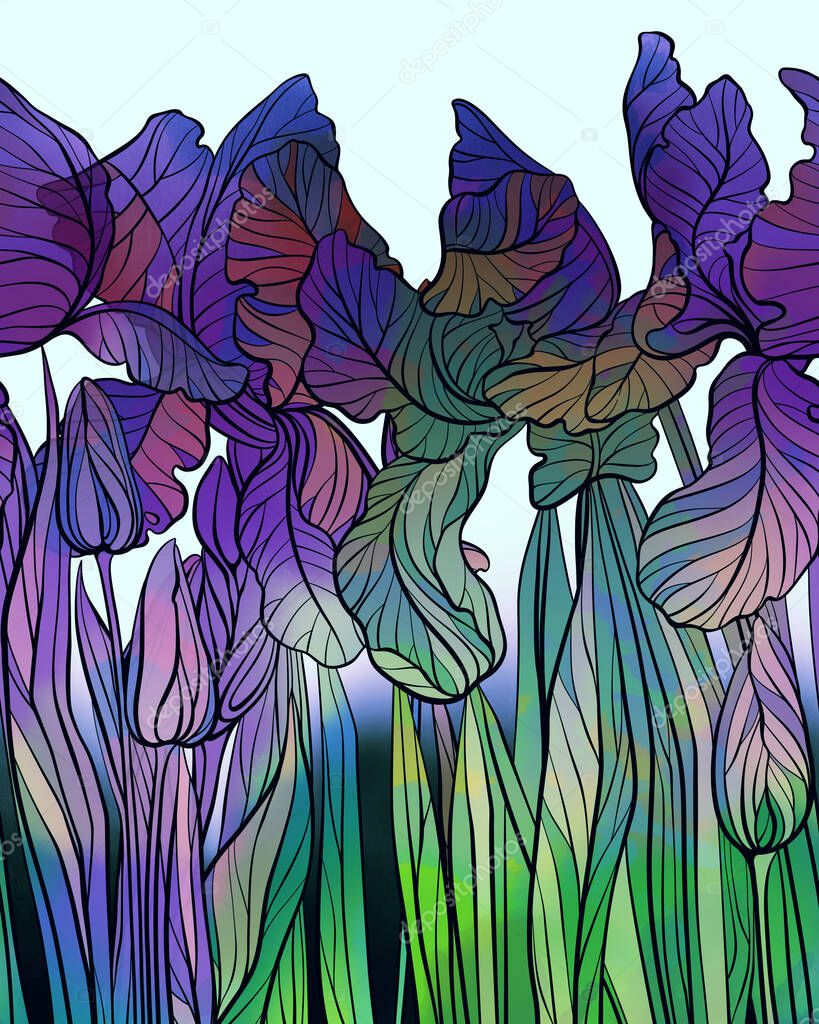 Meadow wild irises seamless border. Digital hand drawn picture with watercolour texture, spots and splashes. Mixed media artwork. Endless motif for textile decor and botanical design.