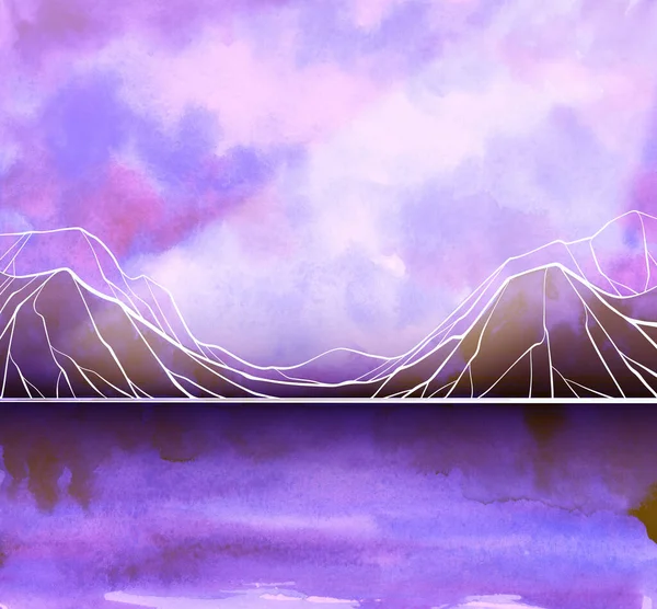 Paysage Abstrait Avec Montagnes Mer Ciel Techniques Mixtes Crayons Aquarelles — Photo