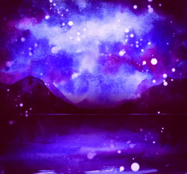 Abstraktní Krajina Horami Mořem Oblohou Smíšené Médium Akvarelové Tužky Voda — Stock fotografie