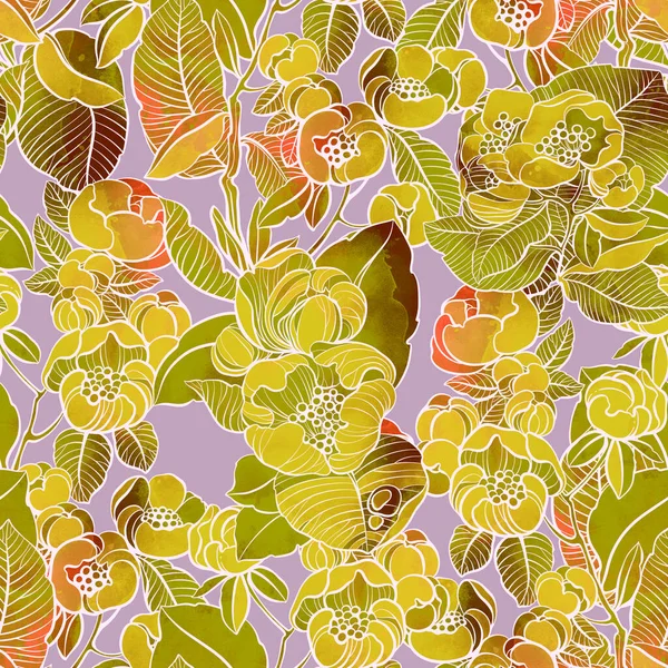Blumen Und Blätter Des Blühenden Apfelbaums Nahtloses Muster Digitales Handgezeichnetes — Stockfoto