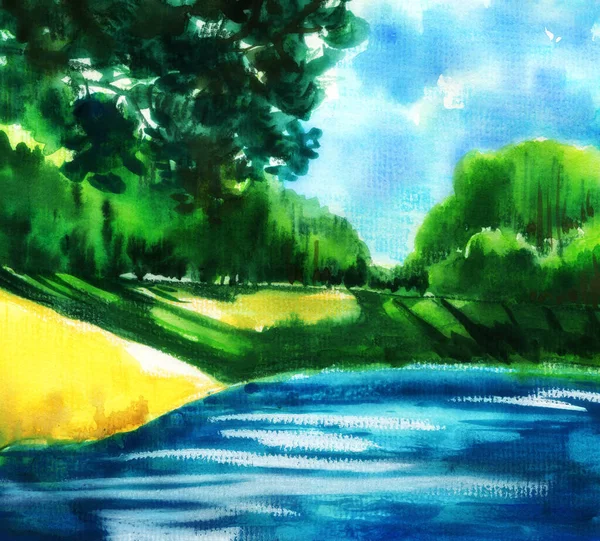 Abstraktní Jednoduchá Naivní Krajina Stromy Pláží Jezerem Smíšené Médium Akvarelové — Stock fotografie