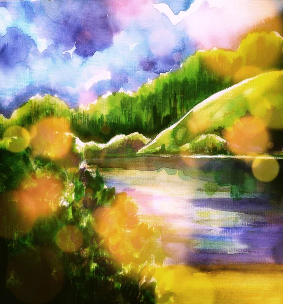Abstraktní Jednoduchá Naivní Krajina Stromy Pláží Jezerem Smíšené Médium Akvarelové — Stock fotografie
