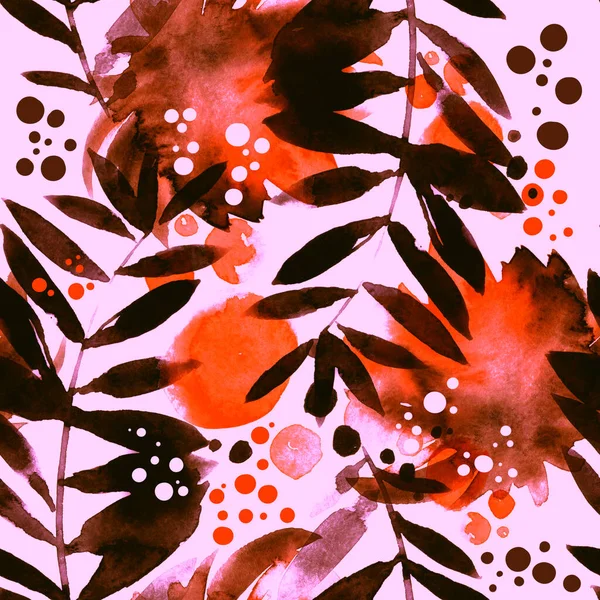 Floral simple naive modern seamless pattern with abstract leaves, flowers and shapes. Hand drawn picture with watercolour texture, spots and splashes. Mixed media artwork. Endless motif.