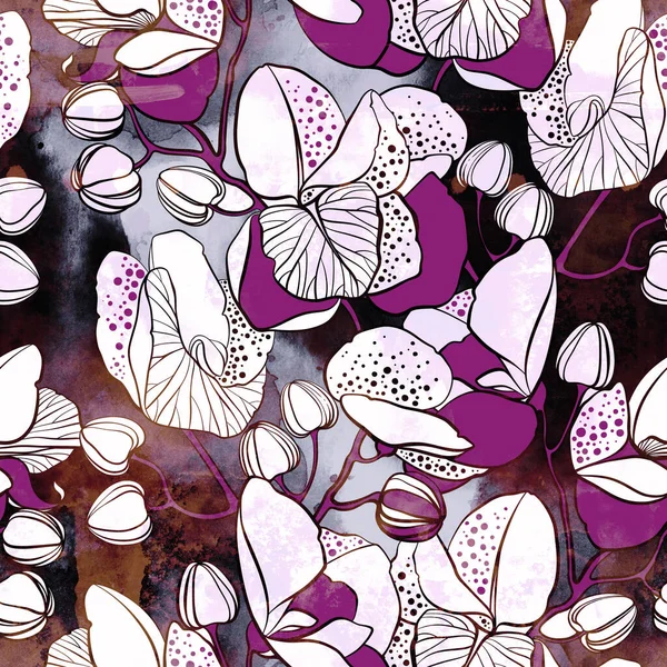 蘭と花の現代的なシームレスなパターン 水彩の質感 スポットやスプラッシュとデジタル手描きの画像 混合メディアアートワーク テキスタイル装飾と植物のデザインのための無限のモチーフ — ストック写真