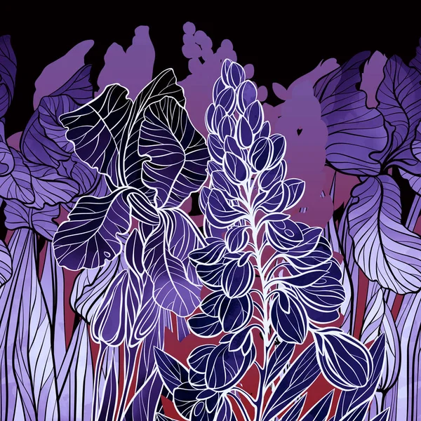 春天的花朵和草本植物的轮廓是花的现代无缝边界 数字线条手绘水彩画 混合媒体艺术品 无尽的主题 — 图库照片