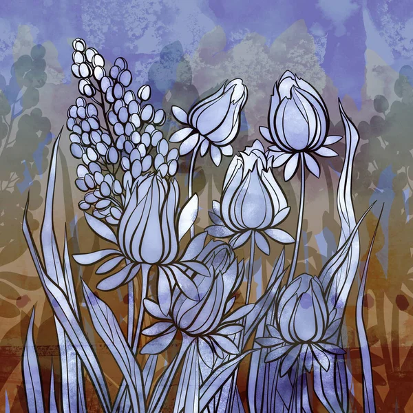 Frühlingsblumen Und Kräuter Silhouetten Floralen Modernen Nahtlosen Rand Digitale Linien — Stockfoto