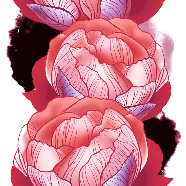 Peony Flowers Leaves Realistic Line Art Style Floral Modern Seamless — Stock Photo, Image